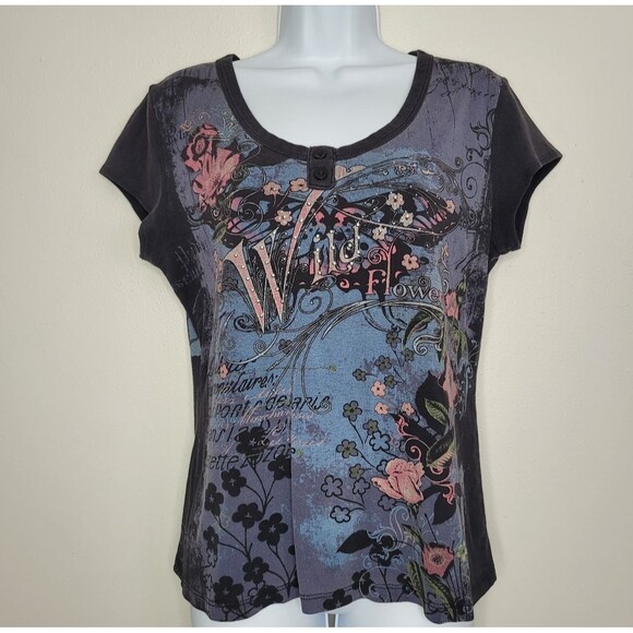 Vintage y2k grunge emo wild flower big graphic butterfly short sleeve Henley xl - Picture 1 of 6